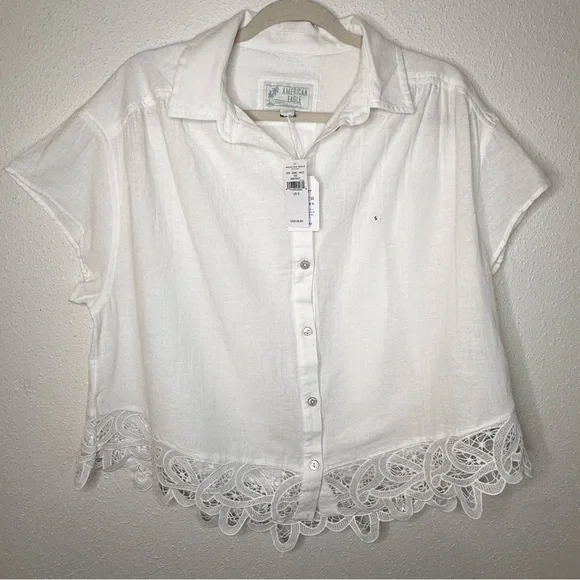 American Eagle Outfitters White Linen Oversized Crop Shirt Sz M - Picture 2 of 7